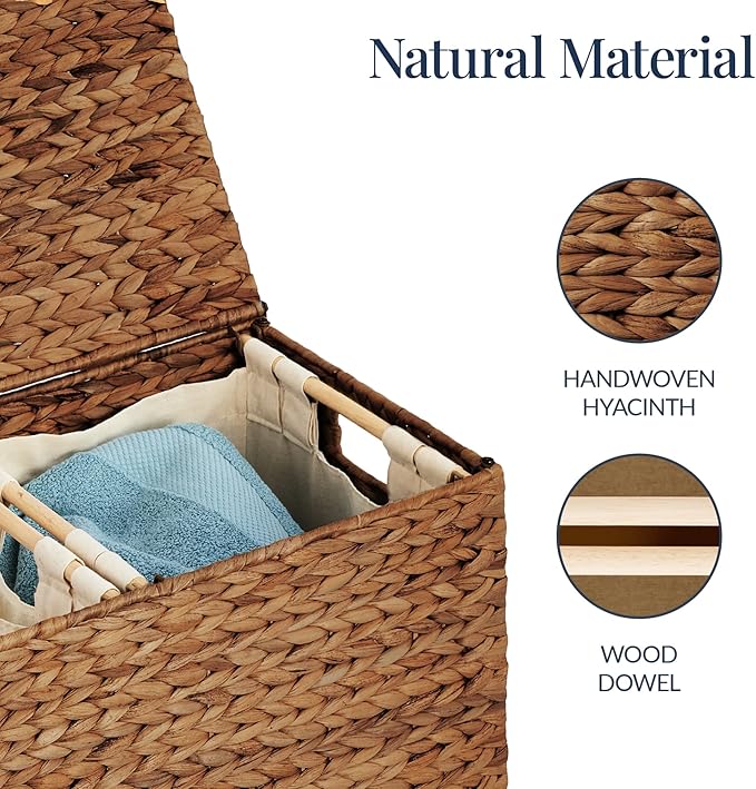 Best Choice Products Large Double Laundry Hamper with Lid, Natural Handwoven Water Hyacinth, 2 Sections w/ 2 Machine Washable Linen Liner Bags, Portable, Handles - Chestnut