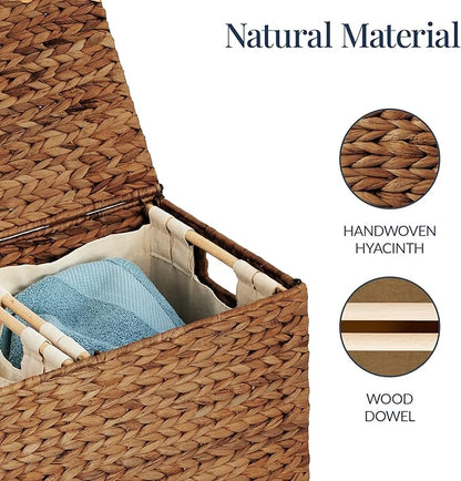 Best Choice Products Large Double Laundry Hamper with Lid, Natural Handwoven Water Hyacinth, 2 Sections w/ 2 Machine Washable Linen Liner Bags, Portable, Handles - Chestnut