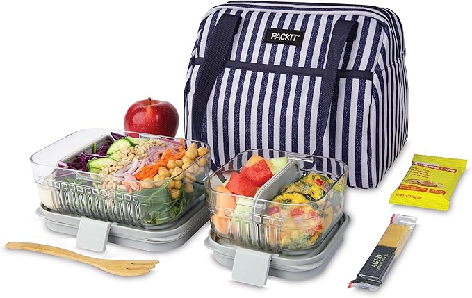 PackIt® Freezable Hampton Lunch Bag, Seaside Stripe, Built with EcoFreeze® Technology, Collapsible, Reusable, Zip Closure with Front Pocket and Shoulder Straps, Designed for Fresh Office Lunches