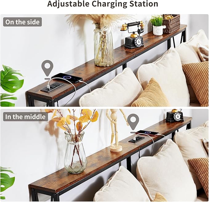 ELYKEN 5.9" Narrow Console Sofa Table with Power Outlets, 5.9" Dx63 Wx31.5 H Long Skinny Behind Couch Table with “X” Cross Metal Frame Charge Station with 6.5’ Extension Cord, Rustic Brown