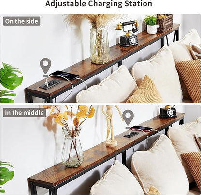 ELYKEN 5.9" Narrow Console Sofa Table with Power Outlets, 5.9" Dx63 Wx31.5 H Long Skinny Behind Couch Table with “X” Cross Metal Frame Charge Station with 6.5’ Extension Cord, Rustic Brown