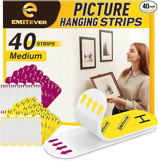 EMITEVER Picture Hanging Strips Heavy Duty, Damage Free Picture Hangers for Walls, Picture Hanging Kit, Hanging Hooks Without Nails, Medium Adhesive Wall Strips for Poster Sticky 20-Pairs (40 Strips)