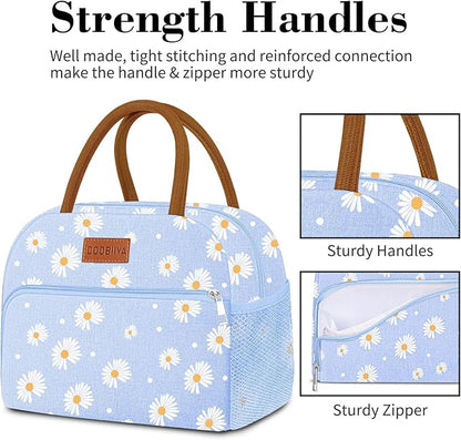 Coobiiya Lunch Bag Lunch Box for Women Men, Reusable Cute Lunchbag - Leakproof, Adult Insulated Lunch Box Tote with Large Capacity, Cooler Container for Work, Travel, Office (Blue Daisy)