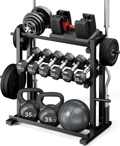 3-Tier Heavy-Duty Dumbbell and Plate Rack 1200LB Capacity, Adjustable Weight Storage Stand for Dumbbells, Kettlebells, Barbells & Weight Plates, Compact Multifunctional Organizer for Home Gym