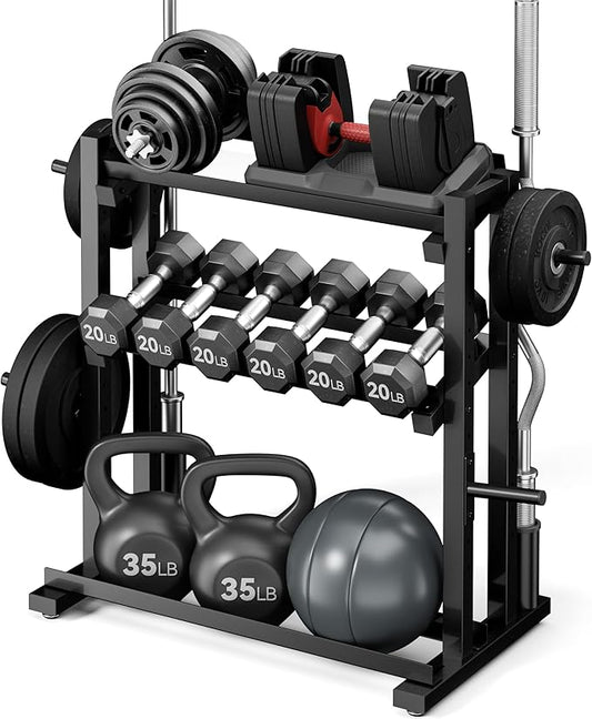 3-Tier Heavy-Duty Dumbbell and Plate Rack 1200LB Capacity, Adjustable Weight Storage Stand for Dumbbells, Kettlebells, Barbells & Weight Plates, Compact Multifunctional Organizer for Home Gym