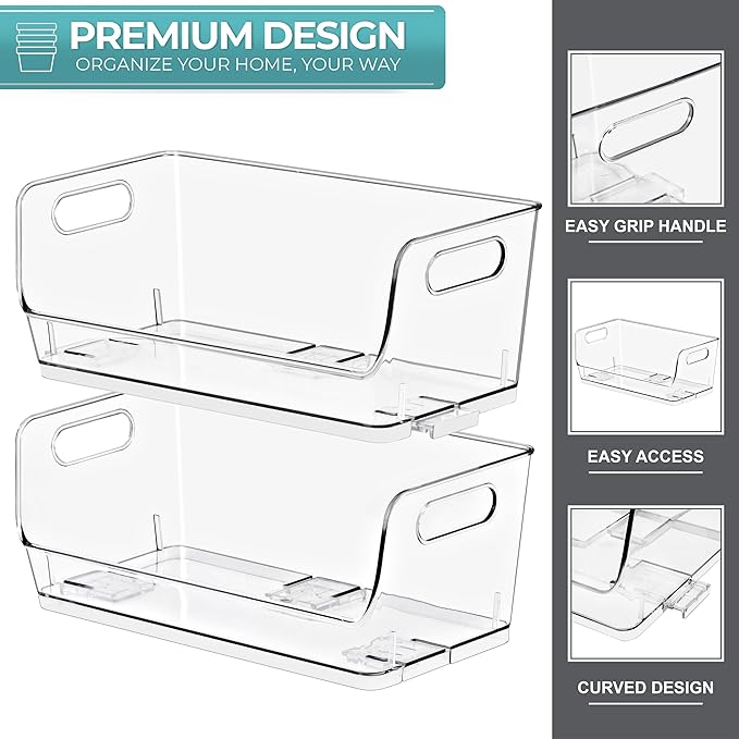 Sorbus Stackable Storage Bins Open Front, Clear Stackable Storage Bins, Pantry Bins for Storage and Organization, Acrylic Stackable Bins for Kitchen, Clear Pantry Organizer Bins (Small Narrow 2 Pack)