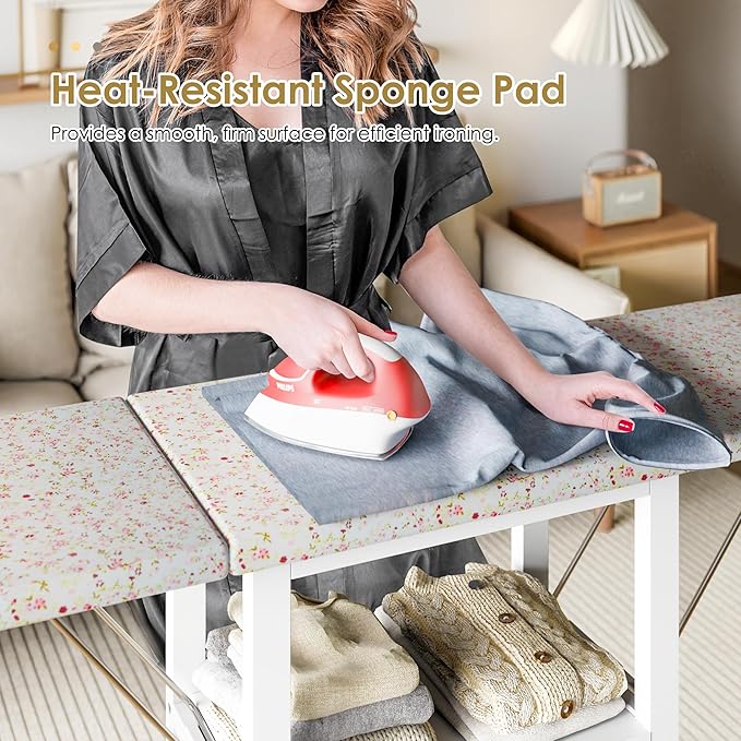 Ironing Board with Storage Cabinet, Folding Ironing Board with Extra Storage, Solid Wood Fold Down Ironing Station with Heat-Resistant Sponge for Small Spaces, Laundry Room (Antique White)