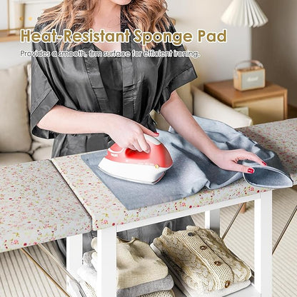 Ironing Board with Storage Cabinet, Folding Ironing Board with Extra Storage, Solid Wood Fold Down Ironing Station with Heat-Resistant Sponge for Small Spaces, Laundry Room (Antique White)