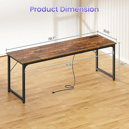 PRAISUN 80 X 24 Inch Office Computer Desk with Power Outlets and USB-C Port, Larger and Longer Gaming Desk, for Home Office, Study, Writing Work from Home Table, Metal Frame, Rustic Brown