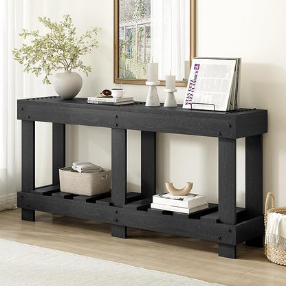 62.9-Inch Extra-Length Tabletop Vintage Entryway Table, Solid Cedar Wood Console Table with 6 Reinforced Legs, Metal Rivet Decor and Plank Under-Shelf for Hallway, Living Room (Black-J41)