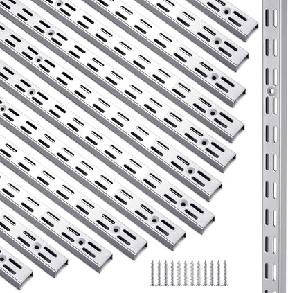 12 Pack 47 Inch Dual Track Upright Wall Shelving System Shelf Bracket Twin Slot Shelf Rail Twin Track Upright Heavy Duty Support System for Pantries, Linen Closets, Laundry Rooms (Silver)