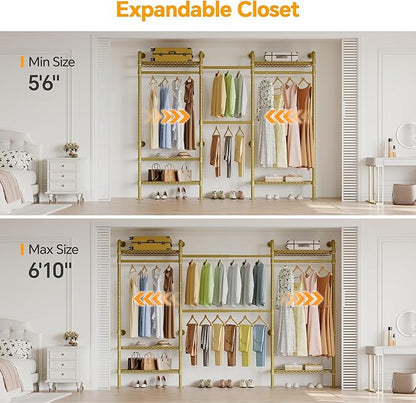 W3 Wall Mounted Closet System, Expandable Industrial Pipe Clothes Rack Clothing Rack for Hanging Clothes, Heavy Duty Garment Rack Closet Organizers and Storage Reach in Closet, Gold