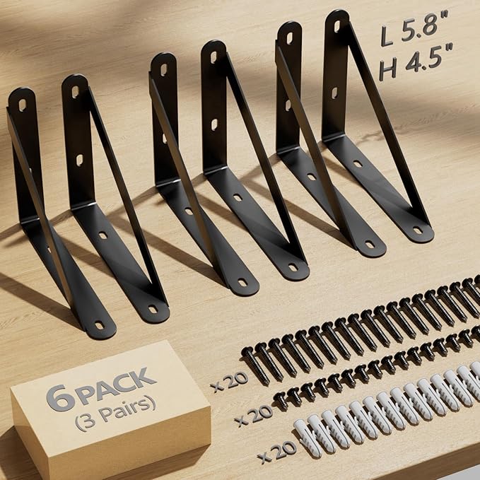 6x4.5 Shelf Brackets 6-Pack, Shelf Support Shelf Holder Steel Wall Mount Heavy Duty Small L Shape Triangle 90 Degree Metal Black with Screws Anchors Soporte de Estante