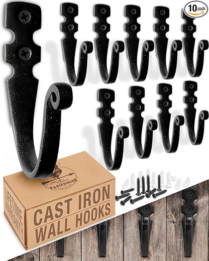 Cast Iron Wall Hooks (10 Pack) Handmade Blacksmith - Wall Mounted J Hooks - Farmhouse Decorative - Vintage Hooks for Hanging Coats, Bags or Pots in Pantry (Black, 2 Screws Each Hook)