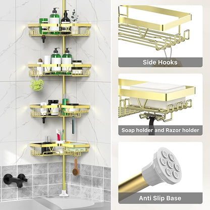 Shower Caddy Tension Pole with 2 Soap Holders, Adjustable Corner Shower Caddy, Gold Finish, Expandable 25-114.2 Inches for Bathtub Corner, Bathroom Storage Organizer