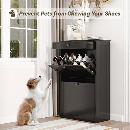 Shoe Cabinet with 2 Flip Drawers, Slim Freestanding Hidden Shoe Organizer with Drawer, Pet-Proof Shoe Storage Cabinet for Entryway Living Room Behind The Door, Black