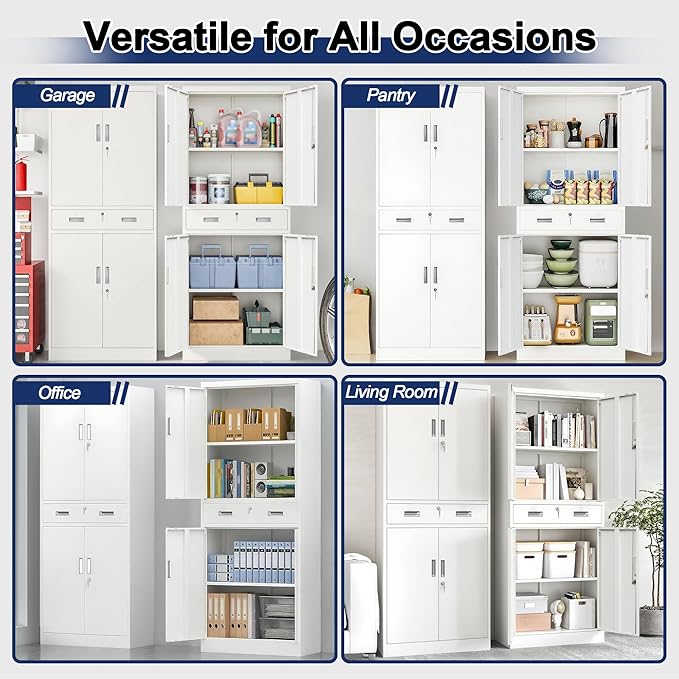 BESFUR Metal Garage Storage Cabinet with a Drawer Locking Doors and 2 Adjustable Shelves, White Tall Storage Cabinets, Tool File Lockable Cabinet for Garage Office Warehouse Shop(71”H)