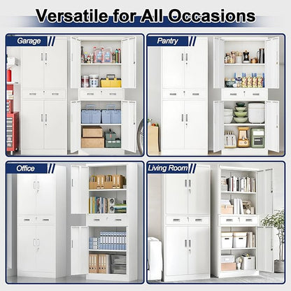 BESFUR Metal Garage Storage Cabinet with a Drawer Locking Doors and 2 Adjustable Shelves, White Tall Storage Cabinets, Tool File Lockable Cabinet for Garage Office Warehouse Shop(71”H)