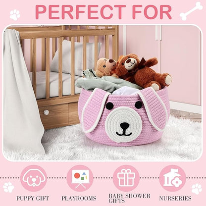 Zopeal Dog Woven Basket Cute Woven Cotton Rope Puppy Animal Storage Basket for Laundry Toy Gift(Pink,13 x 8 Inch)