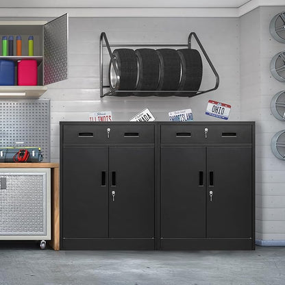 Metal Storage Cabinet, Locking Cabinet with One Drawer and Adjustable Shelf, 36" H x 28" W x 16" D Steel Storage Cabinet for Office, Garage, Home-Black