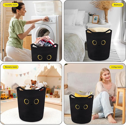 Tall Black Cat Laundry Basket for Nursery, Cute Large Woven Cotton Rope Blanket Storage Basket, Baby 0rganize Blanket Shower Hamper Box with Handles, 53L Clothes Bins, 15"D×18.1"H