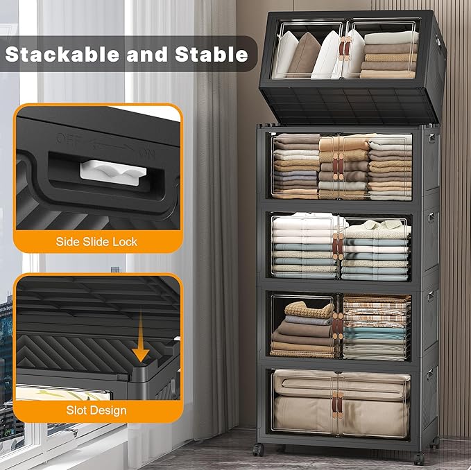 Extra Large Stackable Storage Bins with Lids & Wheels & Door,Foldable Collapsible Closet Organizers, Plastic containers drawers for bedroom Dorm (Dark-112QT, 5Pack with 1 top lid)