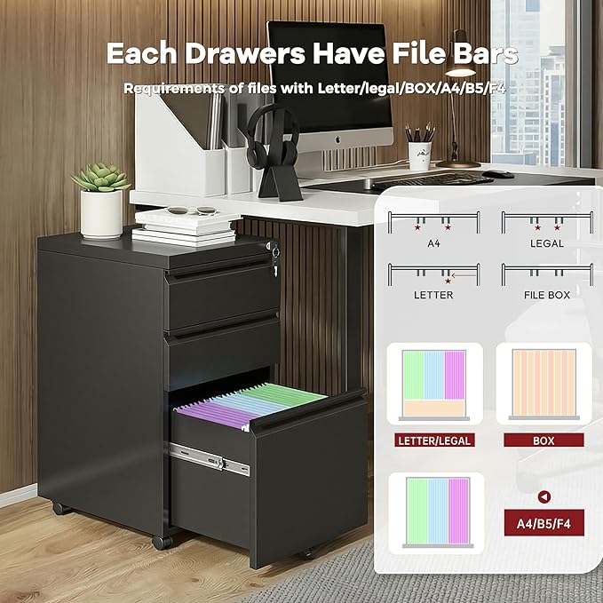 Bonusall Fully Assembled 3-Drawer Metal File Cabinet with Lock - Mobile Under Desk Filing Cabinet for Legal/Letter/A4 Size, Anti-Tilt Mechanism, Pre-Installed Office Storage, Black