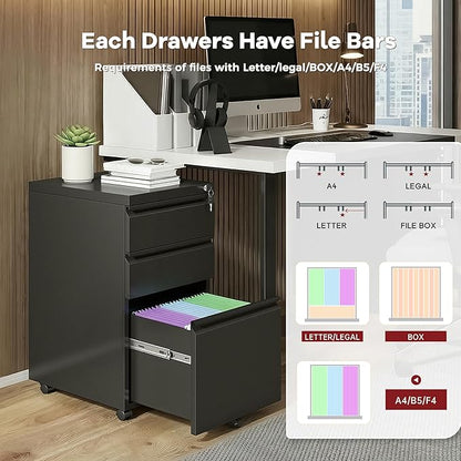 Bonusall Fully Assembled 3-Drawer Metal File Cabinet with Lock - Mobile Under Desk Filing Cabinet for Legal/Letter/A4 Size, Anti-Tilt Mechanism, Pre-Installed Office Storage, Black