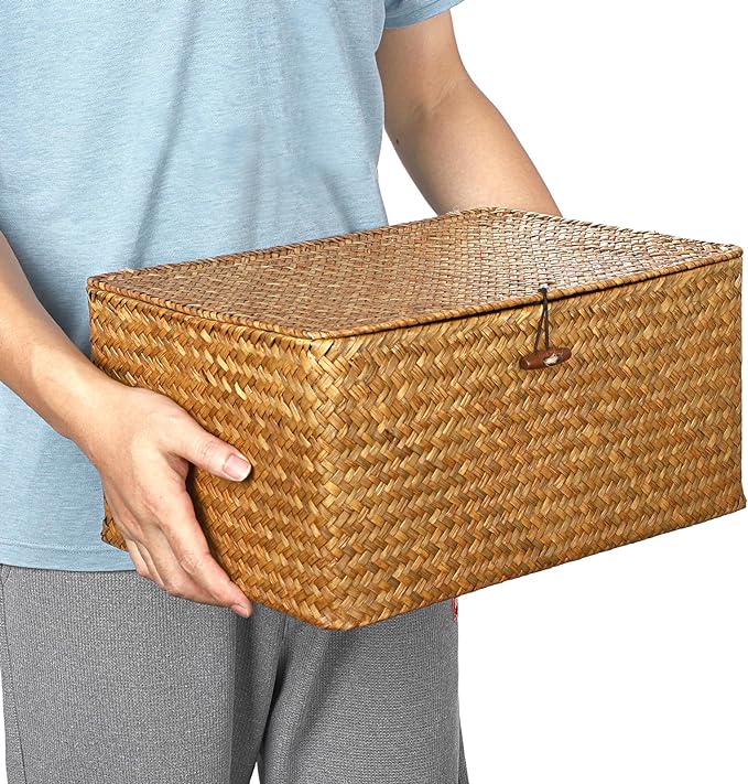Hipiwe Wicker Shelf Baskets Bin with Lid, Handwoven Seagrass Basket Storage Bins Rectangular Household Basket Boxes for Shelf Wardrobe Home Organizer, Caramel X-Large