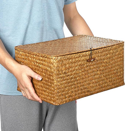 Hipiwe Wicker Shelf Baskets Bin with Lid, Handwoven Seagrass Basket Storage Bins Rectangular Household Basket Boxes for Shelf Wardrobe Home Organizer, Caramel X-Large