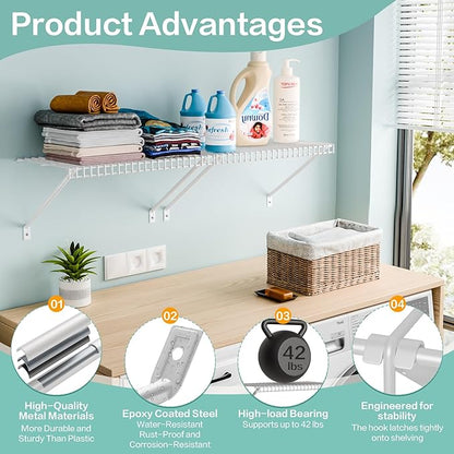 6 Pcs Wire Shelving Support Brackets 12in Wire Shelf Support Bracket,Reinforced Anti-Sag Design with Anchors & Pins – Strong Closet Shelf Brackets for Closet, Pantry & Storage (White)