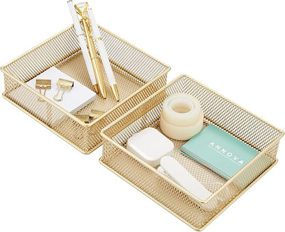 Annova Mesh Stackable Drawer Cabinet and Shelf Organizer Bins Storage Basket School Office Supply Holder Tray- Set of 2 (Gold, 6x6x2 Inch)