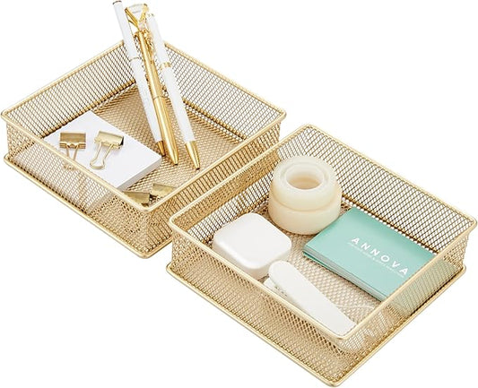 Annova Mesh Stackable Drawer Cabinet and Shelf Organizer Bins Storage Basket School Office Supply Holder Tray- Set of 2 (Gold, 6x6x2 Inch)