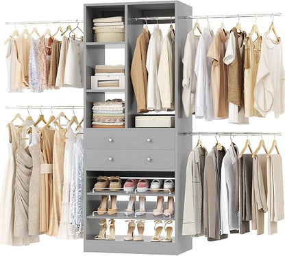 Closet System, 4.2–8.8 FT Closet Organizer with 2 Wooden Drawers and Shelves, Walk-in Closet System with 5 Hang Rods, Built-in Closet Tower, Can Fit 60 to 96 inch, Morandi Grey