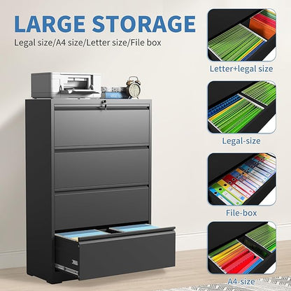 4 Drawer File Cabinets,Metal Office Storage Filing Cabinet with Lock,Black Lateral Filing Cabinet for Home Office,Horizontal Locking File Cabinet for Legal/Letter/A4,Assembly Require,Black