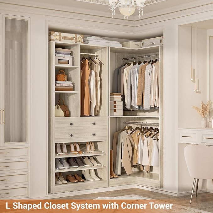 Closet System with 2 Drawers, 3 Hanging Rods, 59.5" * 31.5" Closet Organizer System with Corner Tower, Reversible L Shaped Walk-in Closet System, Corner Closet System Set of 2, Greige Oak
