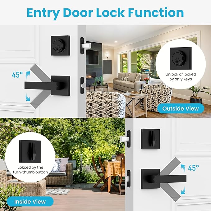 Estmoon Exterior Door Lock Sets, Matte Black Passage Door Handle and Single Cylinder Deadbolt Lock Combo, Modern Square Door Knob with Deadbolt, Keyed Alike Door Lock Sets for Front Door, 2 Pack