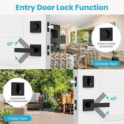 Estmoon Exterior Door Lock Sets, Matte Black Passage Door Handle and Single Cylinder Deadbolt Lock Combo, Modern Square Door Knob with Deadbolt, Keyed Alike Door Lock Sets for Front Door, 2 Pack