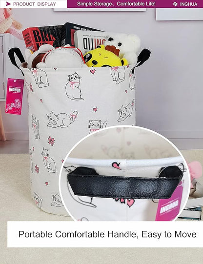 Laundry Hamper Large Canvas Fabric Lightweight Storage Basket/Toy Organizer/Dirty Clothes Collapsible Waterproof for College Dorms, Boys and Girls Bedroom,Bathroom(Love cat)