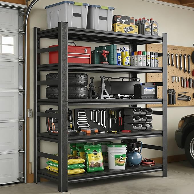 Garage Shelving, Heavy Duty Metal Shelves Unit, 5-Tier Adjustable Storage Shelf, Industrial Shelving Unit, 3000Lbs, for Garage, Warehouse, and Basement with Fence (72" H x 15.7" D x 35.4" W)