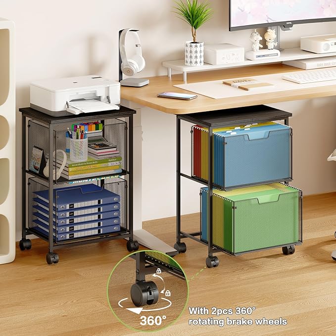 Letter/Legal Rolling File Cart with 2 Storage Drawers, Under Desk Storage, Vertical Filing Cabinet for Home Office, Hanging File Folders Organizer, Mobile Utility Cart Printer Stand, Black