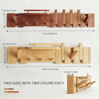 Mid Century Modern Walnut Foldable Entryway Wall Coat Hanger Hook with Shelf,Heavy Duty Wooden Piano Hidden Towel Hooks for Bathroom,Wall Rack for Purse&Key&Mail,Home Decor (Walnut, 9 Hooks)