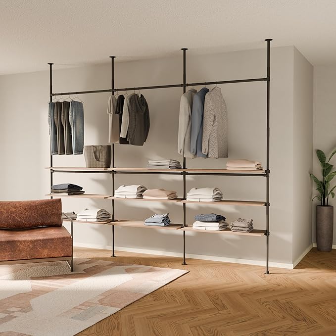 pamo Industrial Pipe Clothing Rack with Shelf - 550 lbs Capacity - Clamping Clothes Rack and Walk In Closet with Oak Shelf for Wardrobe