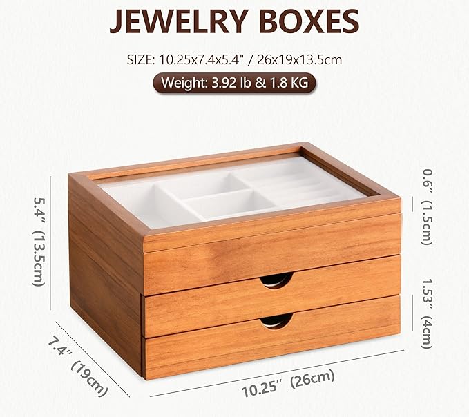Jewelry Box with Glass Lid, 3 Layer Jewelry Organizer for Women, Solid Wooden Jewelry Box Display for Ring Earrings Necklace Bracelet, Pine Wood Jewelry Boxes Vintage Style for Gifts
