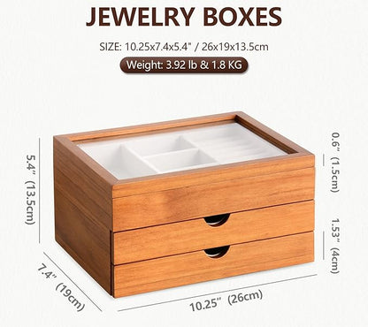Jewelry Box with Glass Lid, 3 Layer Jewelry Organizer for Women, Solid Wooden Jewelry Box Display for Ring Earrings Necklace Bracelet, Pine Wood Jewelry Boxes Vintage Style for Gifts