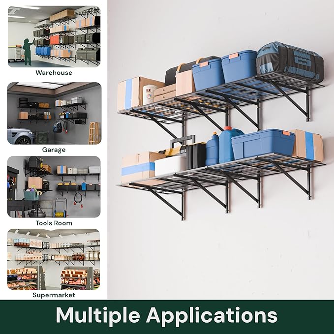 SunsGrove 4 Pack 2x3ft Heavy Duty Garage Wall Shelving, 1600LB Weight Capacity, 24"x36" Adjustable Commercial Grade Steel Storage Rack for Garage, Basement, Warehouse (Black)