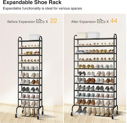 STO STO Expandable Shoe Rack, 10-Tier Metal Tall Shoe Rack for Garage, Up to 44 Pairs Adjustable Shoe Rack Storage for Front Door Entrance, Free Standing Shoe Rack Organizer for Entryway, Black