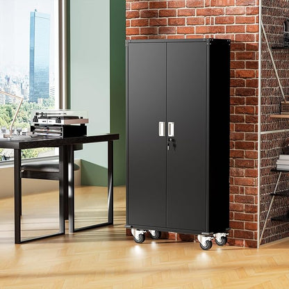 Greenvelly Garage Storage Cabinet with Wheels, Rolling Metal Cabinet with Pegboards and Adjustable Shelves,- 72" Steel Tool Cabinet for Home Office, Garage, Warehouse, Black