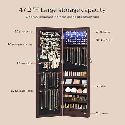 SONGMICS 6 LEDs Mirror Jewelry Cabinet, 47.2-Inch Tall Lockable Wall or Door Mounted Jewelry Armoire Organizer with Mirror, 2 Drawers, 3.9 x 14.6 x 47.2 Inches, Brown UJJC93K