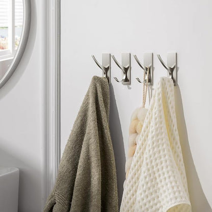 Self Adhesive Towel Hooks: Extra Strong 13LB, Stainless Hook for Hanging Loofah, Towels, Coat, Bath Robe Bathroom Shower, Brushed Nickel, 4 Pack